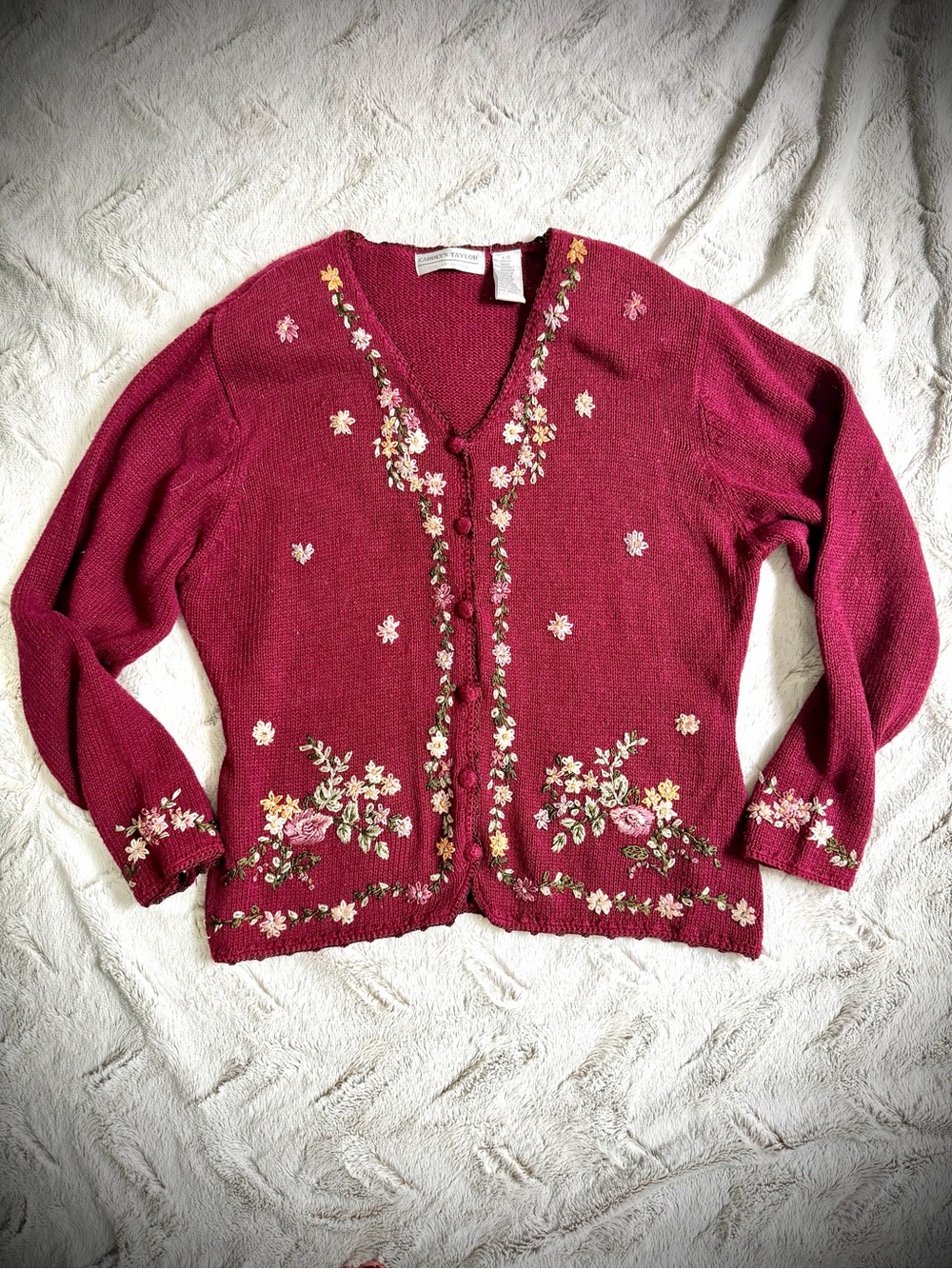 Carolyn Taylor Burgundy V-Neck Embroidered Sweater